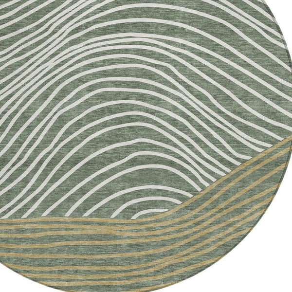 HomeRoots 8' Stylish Fern Green, Ivory & Gold Round Striped Washable Area Rug for Indoor & Outdoor Use 660933