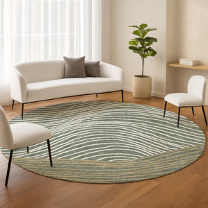HomeRoots 8' Stylish Fern Green, Ivory & Gold Round Striped Washable Area Rug for Indoor & Outdoor Use 660933