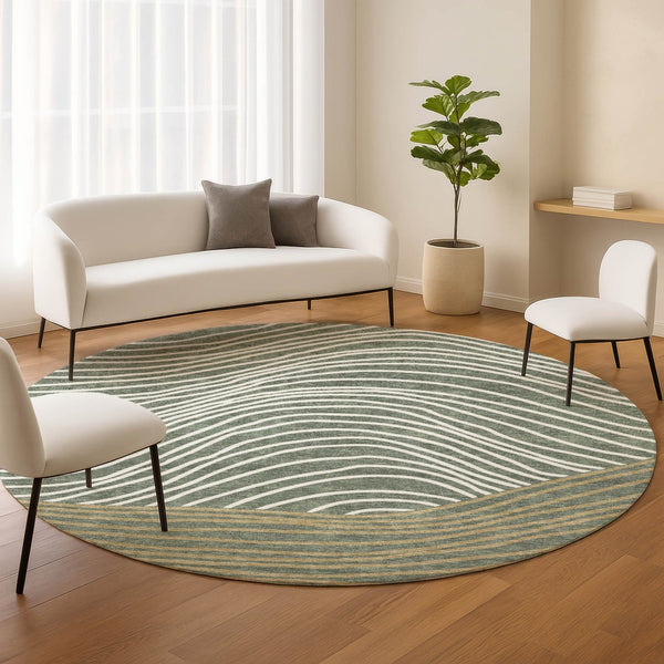 HomeRoots 8' Stylish Fern Green, Ivory & Gold Round Striped Washable Area Rug for Indoor & Outdoor Use 660933