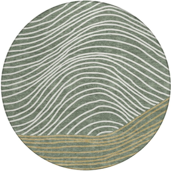 HomeRoots 8' Stylish Fern Green, Ivory & Gold Round Striped Washable Area Rug for Indoor & Outdoor Use 660933