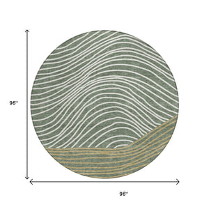 HomeRoots 8' Stylish Fern Green, Ivory & Gold Round Striped Washable Area Rug for Indoor & Outdoor Use 660933