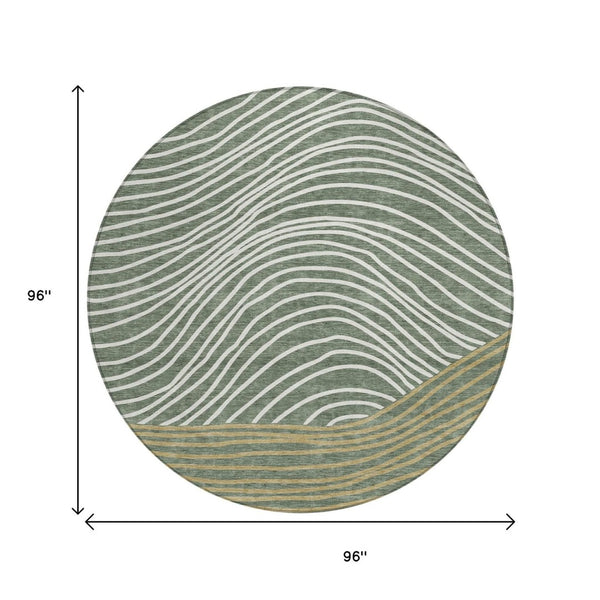 HomeRoots 8' Stylish Fern Green, Ivory & Gold Round Striped Washable Area Rug for Indoor & Outdoor Use 660933