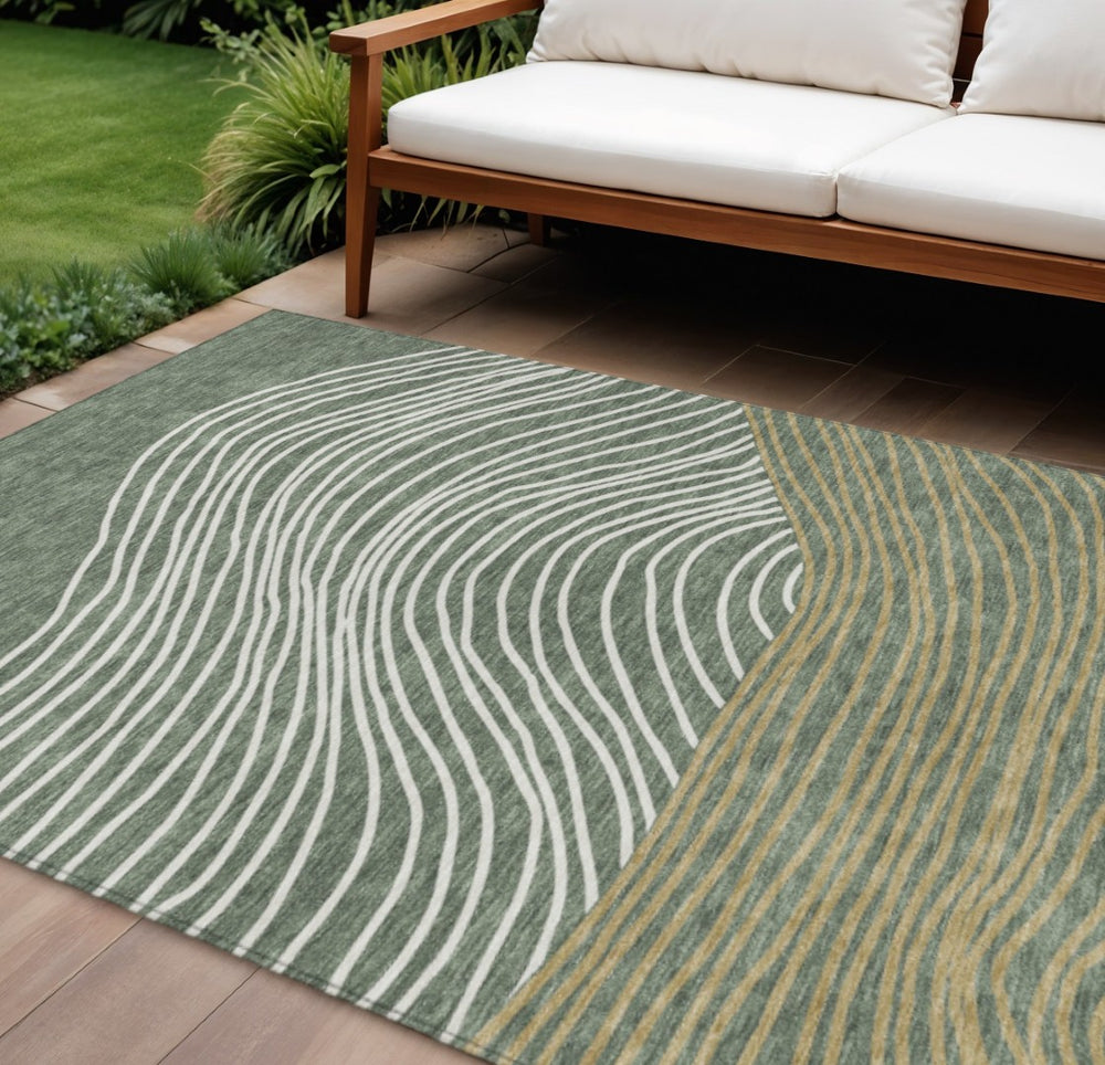 HomeRoots 9' X 12' Classic Fern Green Striped Area Rug - Durable, Washable Indoor/Outdoor Design for All Spaces 660935