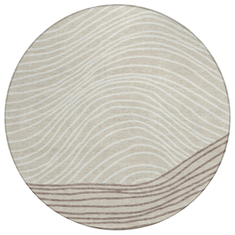 HomeRoots 8' Round Washable Area Rug in Beige, Ivory & Brown Stripes – Perfect for Indoor & Outdoor Use! 660939