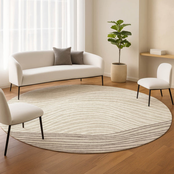 HomeRoots 8' Round Washable Area Rug in Beige, Ivory & Brown Stripes – Perfect for Indoor & Outdoor Use! 660939