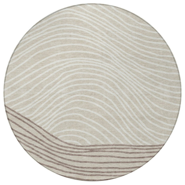 HomeRoots 8' Round Washable Area Rug in Beige, Ivory & Brown Stripes – Perfect for Indoor & Outdoor Use! 660939
