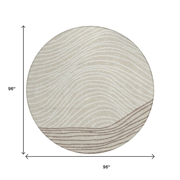 HomeRoots 8' Round Washable Area Rug in Beige, Ivory & Brown Stripes – Perfect for Indoor & Outdoor Use! 660939