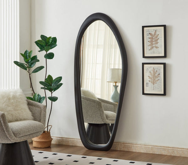 Meridian Furniture Holland Asymmetrical Polyresin Wall or Floor Mirror Art Deco Sculptural Accent for Any Room Black 30" W x 2" D x 70.5" H 66093Black-M