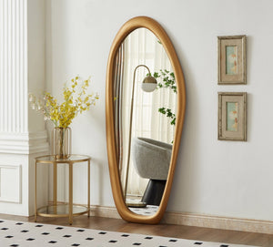 Meridian Furniture Holland Asymmetrical Polyresin Wall or Floor Mirror Art Deco Sculptural Accent for Any Room Brass 30" W x 2" D x 70.5" H 66093Brass-M