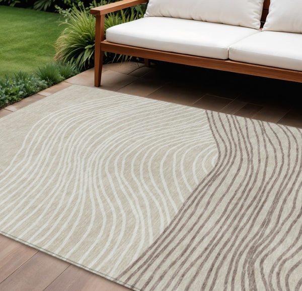 HomeRoots 8' X 10' Beige Ivory & Brown Striped Area Rug - Durable, Washable, Perfect for Indoor/Outdoor Use 660940