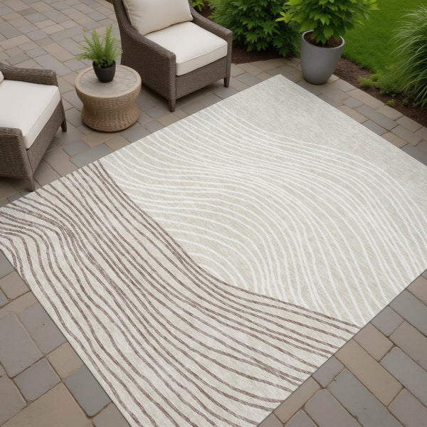 HomeRoots 8' X 10' Beige Ivory & Brown Striped Area Rug - Durable, Washable, Perfect for Indoor/Outdoor Use 660940