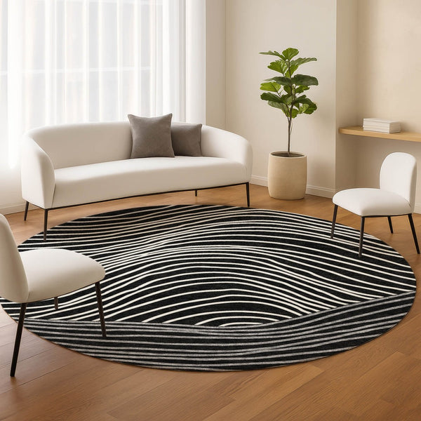 HomeRoots 8' Striped Washable Area Rug in Black, Ivory & Gray – Durable Indoor/Outdoor Décor for High-Traffic Spaces 660945