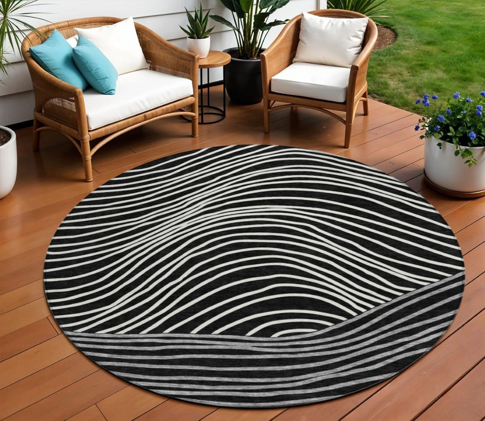 HomeRoots 8' Striped Washable Area Rug in Black, Ivory & Gray – Durable Indoor/Outdoor Décor for High-Traffic Spaces 660945