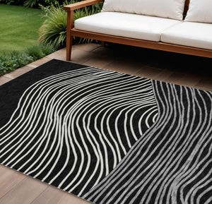 HomeRoots 8' X 10' Washable Black Ivory Gray Striped Area Rug – Stylish, Durable, Indoor/Outdoor Use, Easy Care 660946