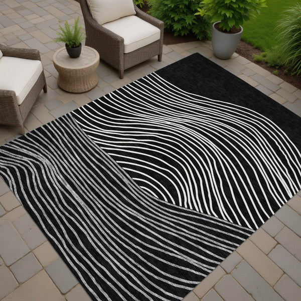 HomeRoots 8' X 10' Washable Black Ivory Gray Striped Area Rug – Stylish, Durable, Indoor/Outdoor Use, Easy Care 660946
