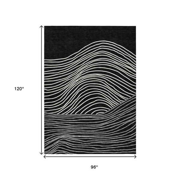 HomeRoots 8' X 10' Washable Black Ivory Gray Striped Area Rug – Stylish, Durable, Indoor/Outdoor Use, Easy Care 660946