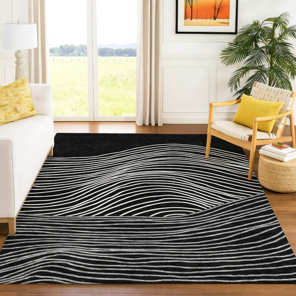 HomeRoots 8' X 10' Washable Black Ivory Gray Striped Area Rug – Stylish, Durable, Indoor/Outdoor Use, Easy Care 660946