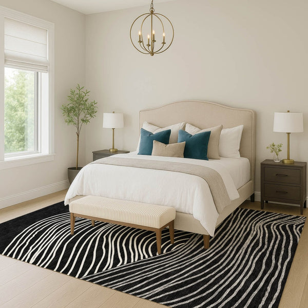 HomeRoots 9' X 12' Striped Washable Area Rug in Black, Ivory & Gray – Stylish, Durable & Versatile for Any Space! 660947