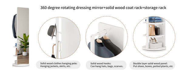 English Elm 360° Rotating Full Length Mirror with Coat Hooks Solid Rubberwood Frame White Bedroom W2987P289172