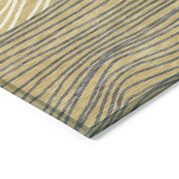 HomeRoots 5' Striped Washable Area Rug in Gold, Ivory & Charcoal – Durable Indoor/Outdoor Decor for Homes! 660950