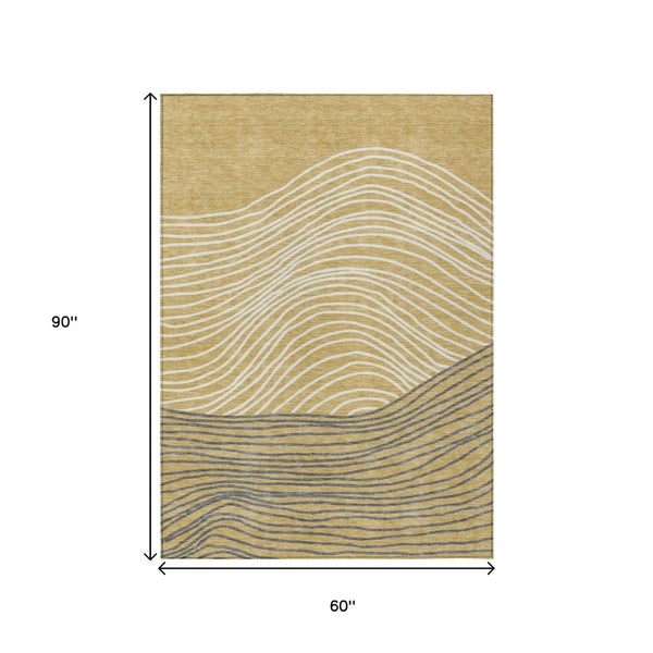 HomeRoots 5' Striped Washable Area Rug in Gold, Ivory & Charcoal – Durable Indoor/Outdoor Decor for Homes! 660950