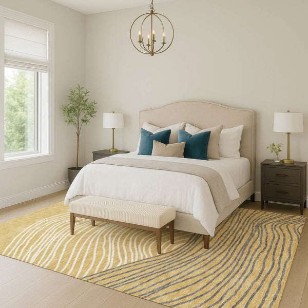 HomeRoots 5' Striped Washable Area Rug in Gold, Ivory & Charcoal – Durable Indoor/Outdoor Decor for Homes! 660950