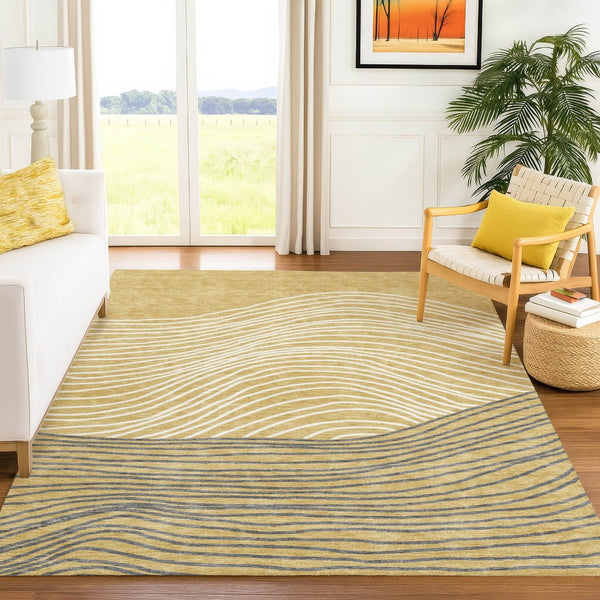 HomeRoots 5' Striped Washable Area Rug in Gold, Ivory & Charcoal – Durable Indoor/Outdoor Decor for Homes! 660950