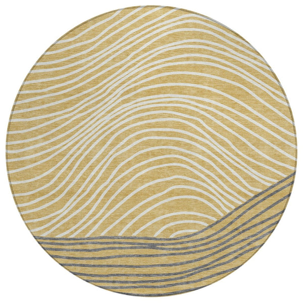 HomeRoots 8' Gold Ivory and Charcoal Round Striped Washable Area Rug - Stylish, Durable, Ideal for Indoor/Outdoor Use 660951
