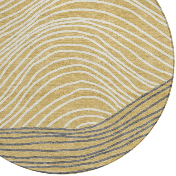 HomeRoots 8' Gold Ivory and Charcoal Round Striped Washable Area Rug - Stylish, Durable, Ideal for Indoor/Outdoor Use 660951