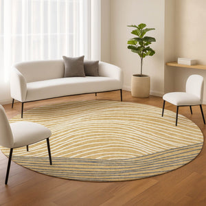 HomeRoots 8' Gold Ivory and Charcoal Round Striped Washable Area Rug - Stylish, Durable, Ideal for Indoor/Outdoor Use 660951