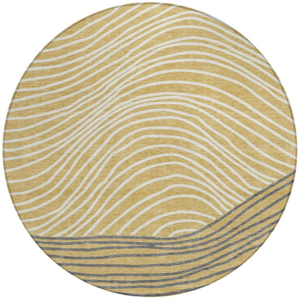 HomeRoots 8' Gold Ivory and Charcoal Round Striped Washable Area Rug - Stylish, Durable, Ideal for Indoor/Outdoor Use 660951