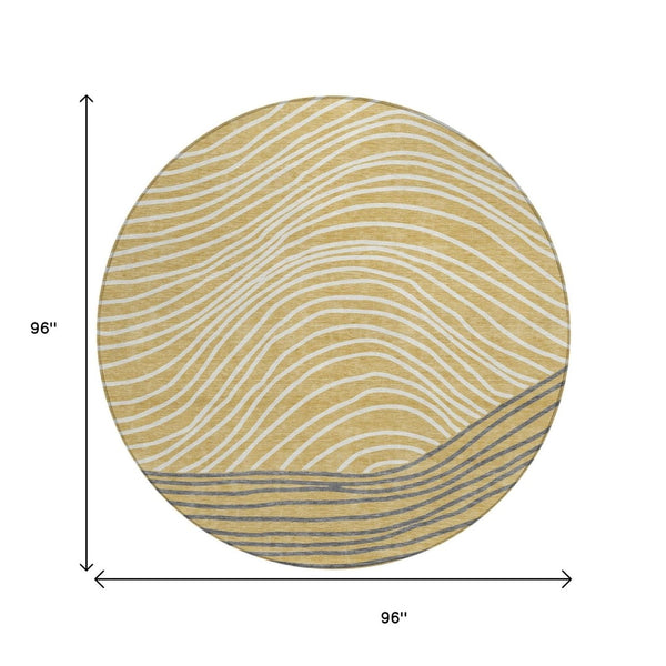 HomeRoots 8' Gold Ivory and Charcoal Round Striped Washable Area Rug - Stylish, Durable, Ideal for Indoor/Outdoor Use 660951