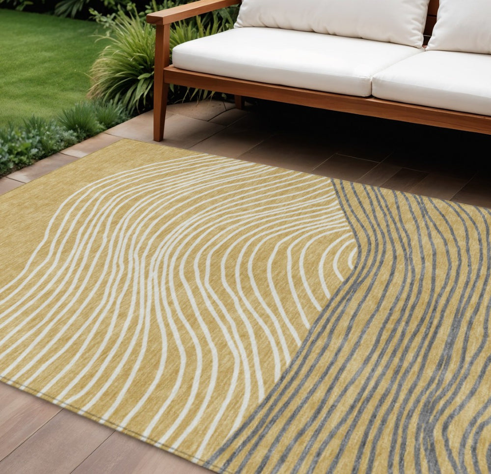 HomeRoots 9' X 12' Elegant Gold, Ivory & Charcoal Striped Washable Rug for Indoor & Outdoor High-Traffic Areas 660953