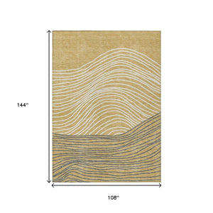 HomeRoots 9' X 12' Elegant Gold, Ivory & Charcoal Striped Washable Rug for Indoor & Outdoor High-Traffic Areas 660953