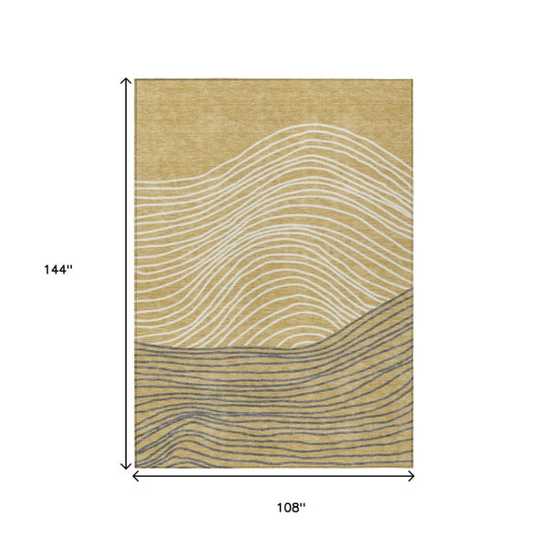 HomeRoots 9' X 12' Elegant Gold, Ivory & Charcoal Striped Washable Rug for Indoor & Outdoor High-Traffic Areas 660953