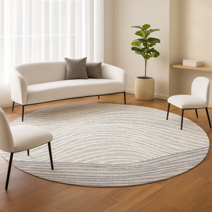 HomeRoots 8' Gray and Ivory Round Striped Rug - Stylish, Washable, Indoor/Outdoor Area Rug for Modern Spaces 660957