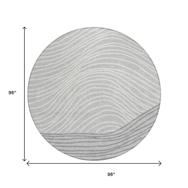 HomeRoots 8' Gray and Ivory Round Striped Rug - Stylish, Washable, Indoor/Outdoor Area Rug for Modern Spaces 660957
