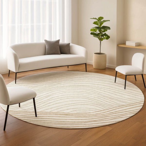 HomeRoots 8' Ivory and Wheat Round Striped Washable Rug | Durable, Stylish Area Rug for Indoor & Outdoor Use 660963
