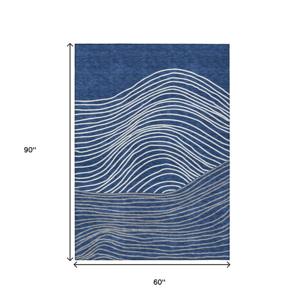 HomeRoots 5' Navy Blue & Ivory Striped Indoor-Outdoor Area Rug - Durable, Washable, Stain-Resistant Design 660968