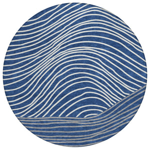 HomeRoots 8' Navy Blue and Ivory Round Striped Area Rug - Washable, Durable, Indoor/Outdoor Coastal Charm 660969