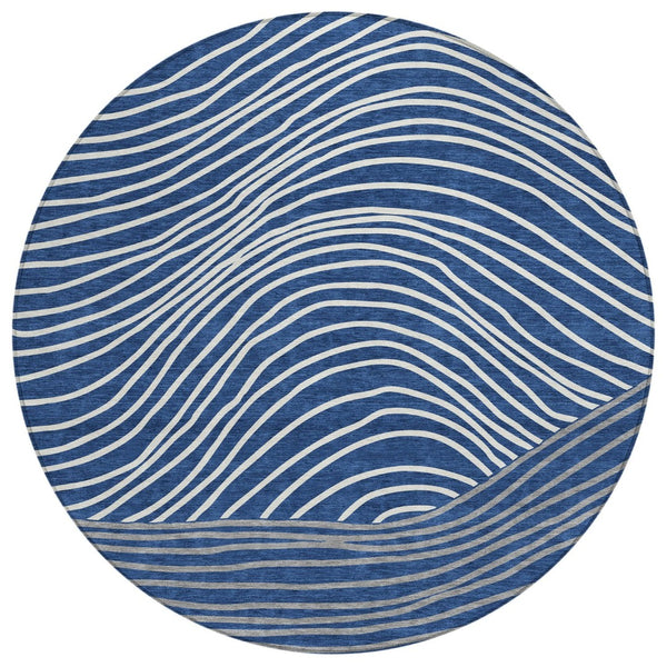 HomeRoots 8' Navy Blue and Ivory Round Striped Area Rug - Washable, Durable, Indoor/Outdoor Coastal Charm 660969