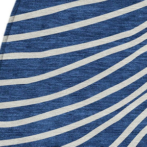 HomeRoots 8' Navy Blue and Ivory Round Striped Area Rug - Washable, Durable, Indoor/Outdoor Coastal Charm 660969