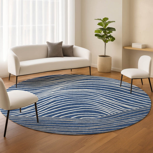 HomeRoots 8' Navy Blue and Ivory Round Striped Area Rug - Washable, Durable, Indoor/Outdoor Coastal Charm 660969