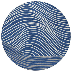 HomeRoots 8' Navy Blue and Ivory Round Striped Area Rug - Washable, Durable, Indoor/Outdoor Coastal Charm 660969