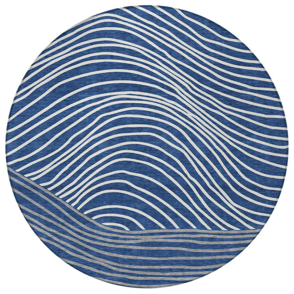 HomeRoots 8' Navy Blue and Ivory Round Striped Area Rug - Washable, Durable, Indoor/Outdoor Coastal Charm 660969