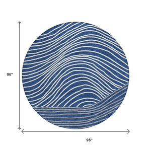 HomeRoots 8' Navy Blue and Ivory Round Striped Area Rug - Washable, Durable, Indoor/Outdoor Coastal Charm 660969