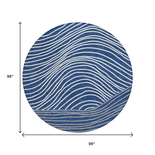 HomeRoots 8' Navy Blue and Ivory Round Striped Area Rug - Washable, Durable, Indoor/Outdoor Coastal Charm 660969