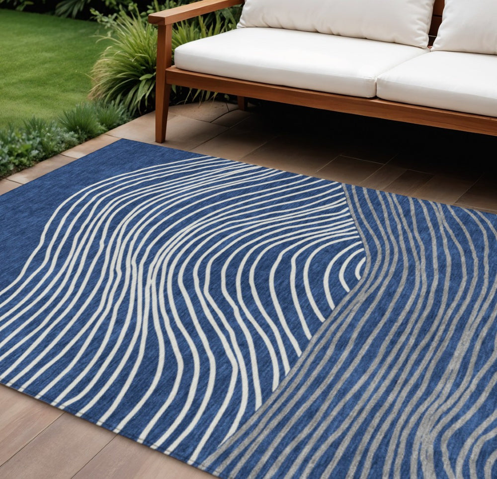 HomeRoots 8' X 10' Navy Blue and Ivory Striped Indoor Outdoor Area Rug - Durable, Washable, Timeless Design 660970