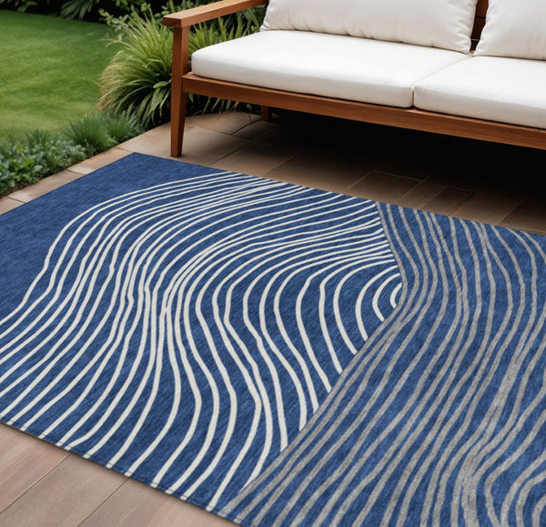HomeRoots 8' X 10' Navy Blue and Ivory Striped Indoor Outdoor Area Rug - Durable, Washable, Timeless Design 660970