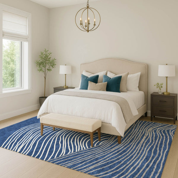 HomeRoots 8' X 10' Navy Blue and Ivory Striped Indoor Outdoor Area Rug - Durable, Washable, Timeless Design 660970